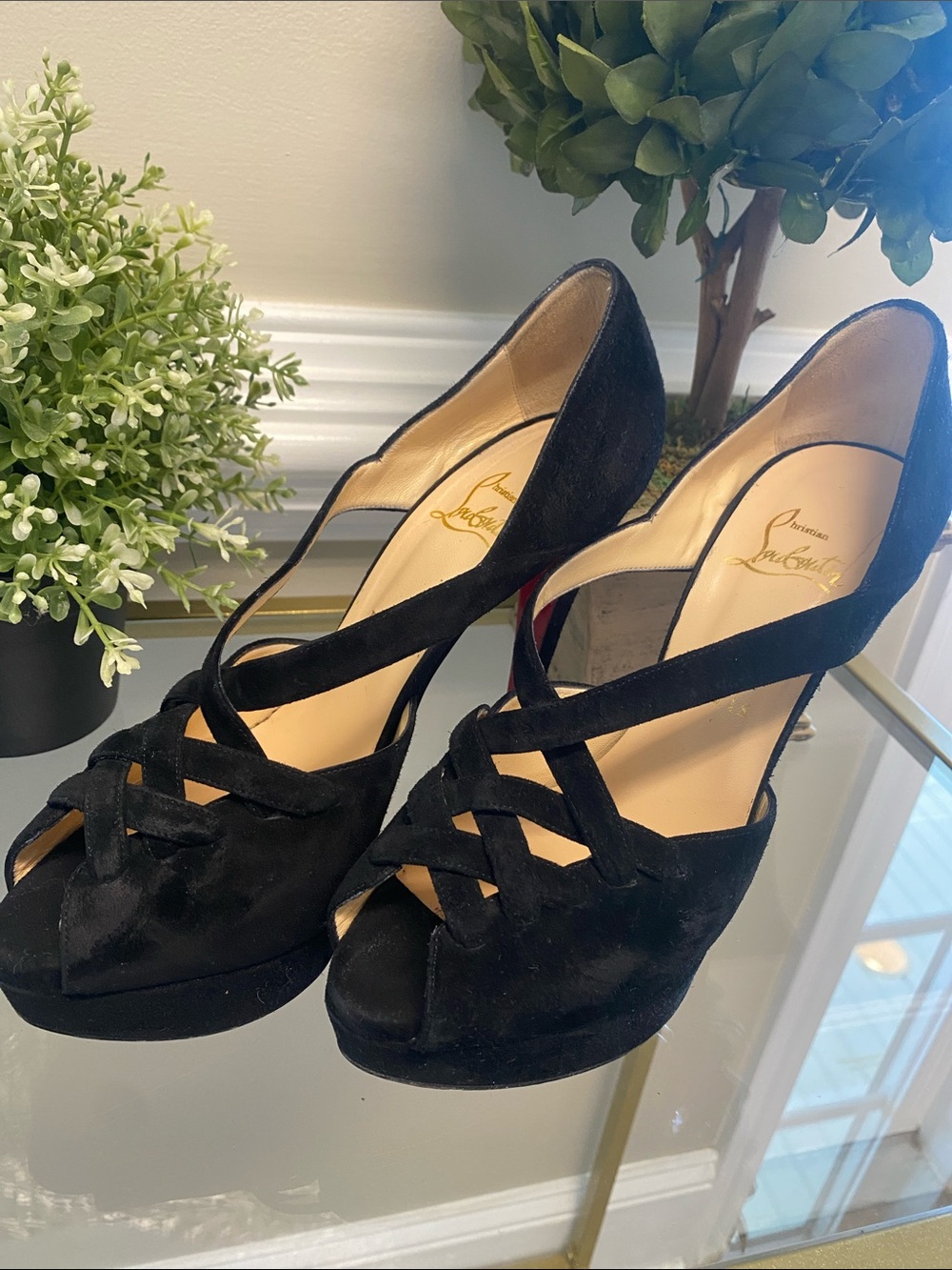 Christian Louboutin Black Suede Crisscross Open-Toe Pumps